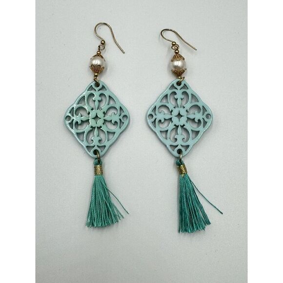 Aqua Teal Lightweight Gold Tone Boho Scroll Faux Pearl Dangle Fringe Earrings - Picture 7 of 8